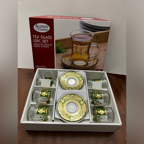 Alpine Cuisine Tea Glass Set With Saucer Gold/Green Design 12 Pc - Picture 10 of 16